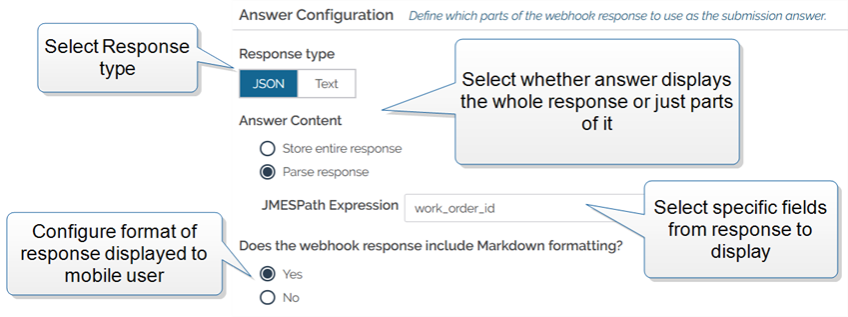 The Answer Configuration panel showing Response Type, Answer Content, and the embedded markdown option.